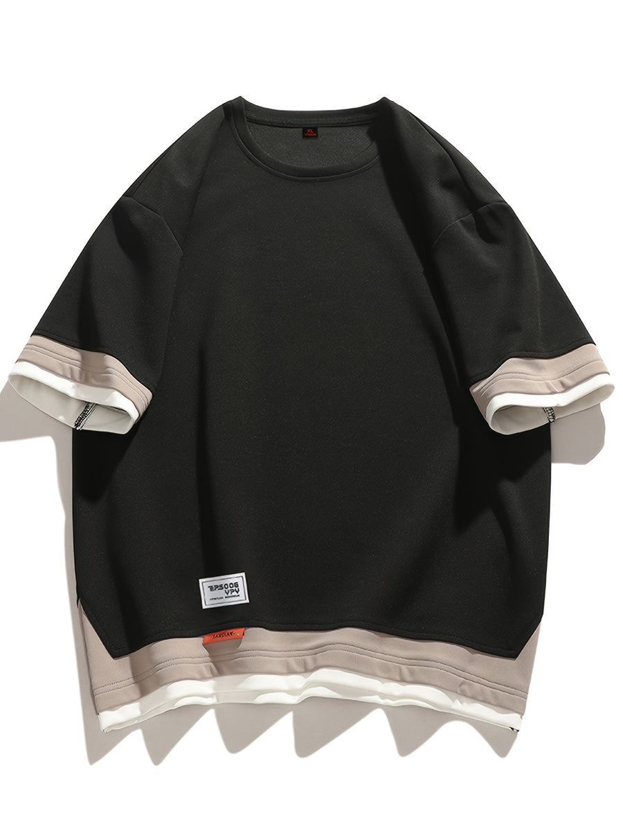 [Joshmay Obm] Summer Men'S Fake Two-Piece Contrast Short Sleeve T-Shirt, Loose Round Neck Trendy Casual Half Sleeve Top - Black