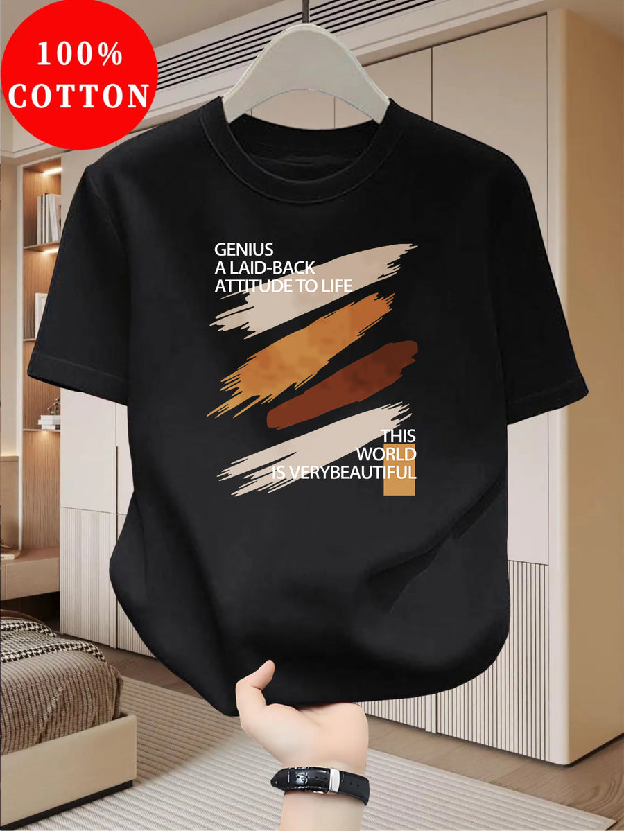 100% Cotton Men's T-Shirt, Summer Short Sleeve Thin Top, Trendy Fashionable Slim Fit, Simple and Casual, Versatile for Daily Wear, Artistic Brushstroke English Print with  Slogan Pattern - Black