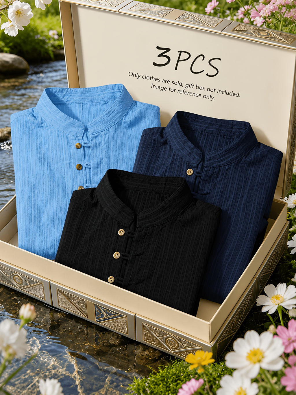 [Pearson Obm] 3pcs Men'S Mandarin Collar Multi Button Shirts Textured Lightweight Breathable Slim Fit Casual Tops Vintage Style for Summer Beach Vacation Travel And Daily Wear - Black+Navy+Blue
