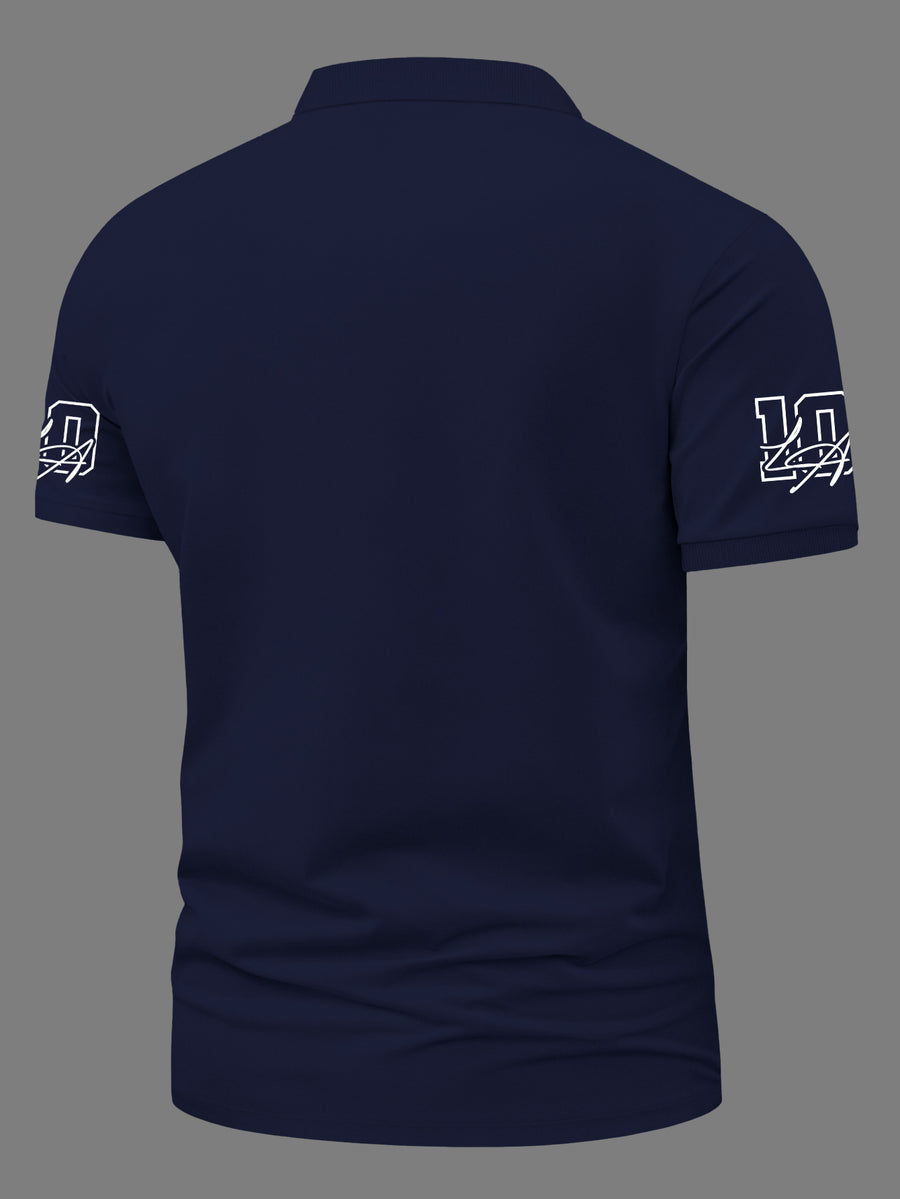 Fashion Men's Short-Sleeve POLO Sporty Style City Letter Layered Digital Print Polo Shirt - Navy Color