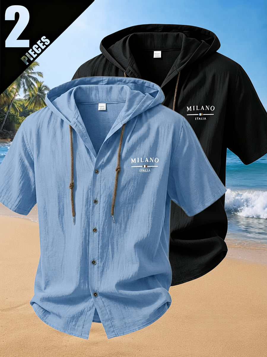 2pcs Men'S Summer Short Sleeve Shirt Set, Breathable And Skin-Friendly Linen Fabric, Trendy Hooded Style, Suitable for Beach Vacations, Beach Outings, And Casual Wear - Mixed Color 11