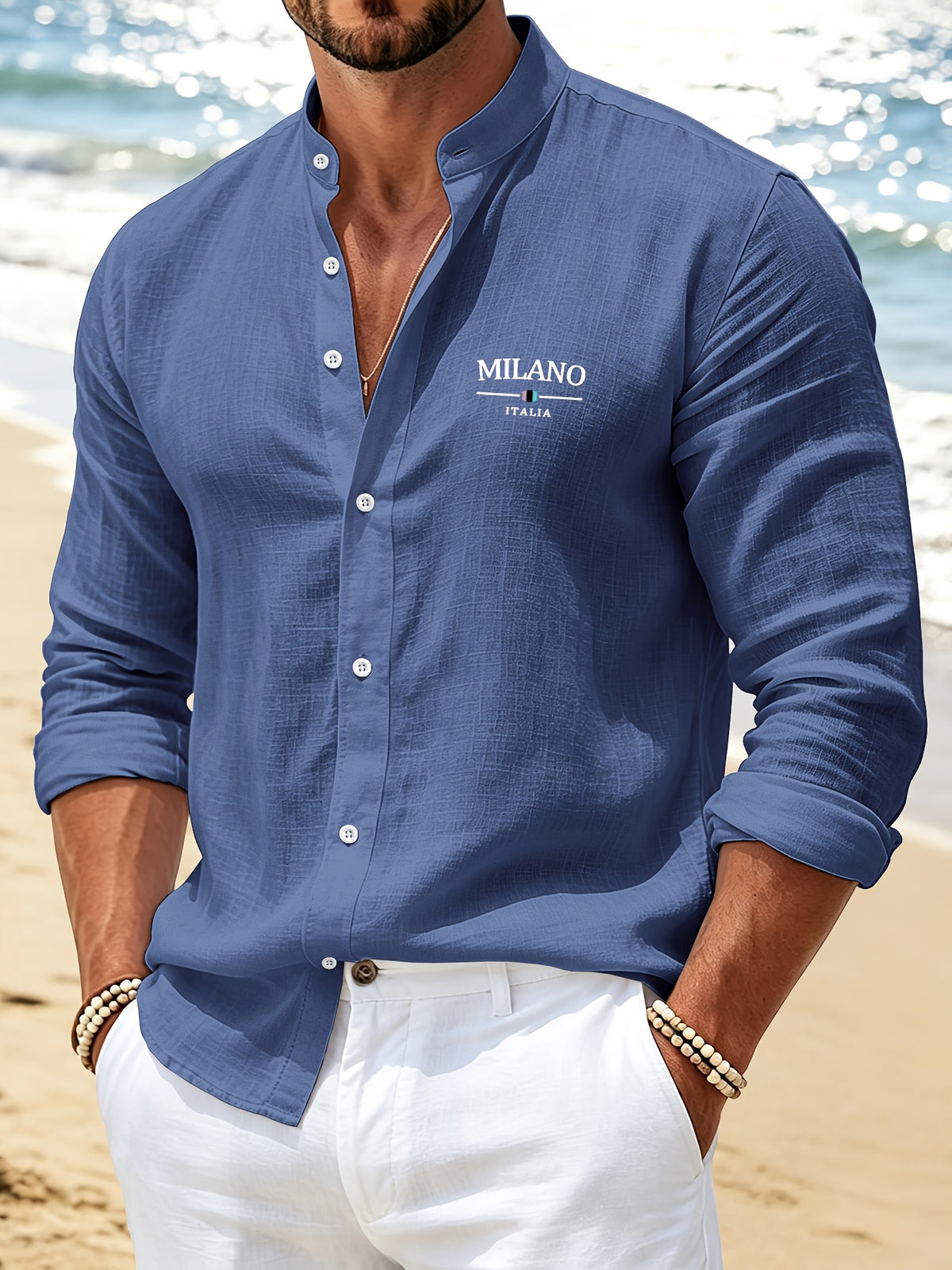 [Qiaoximei OBM] 3pcs Set, Men'S Clothing New Stand-Collar Solid Color Faux Linen Long Sleeve Shirt, Geometric Pattern Stand-Collar Easy Design, Spring Autumn Winter High-Quality Men'S Long Sleeve Stand-Collar Button-Up Shirt - Suitable for Outdoor L - Navy Blue+Green+Light Pink