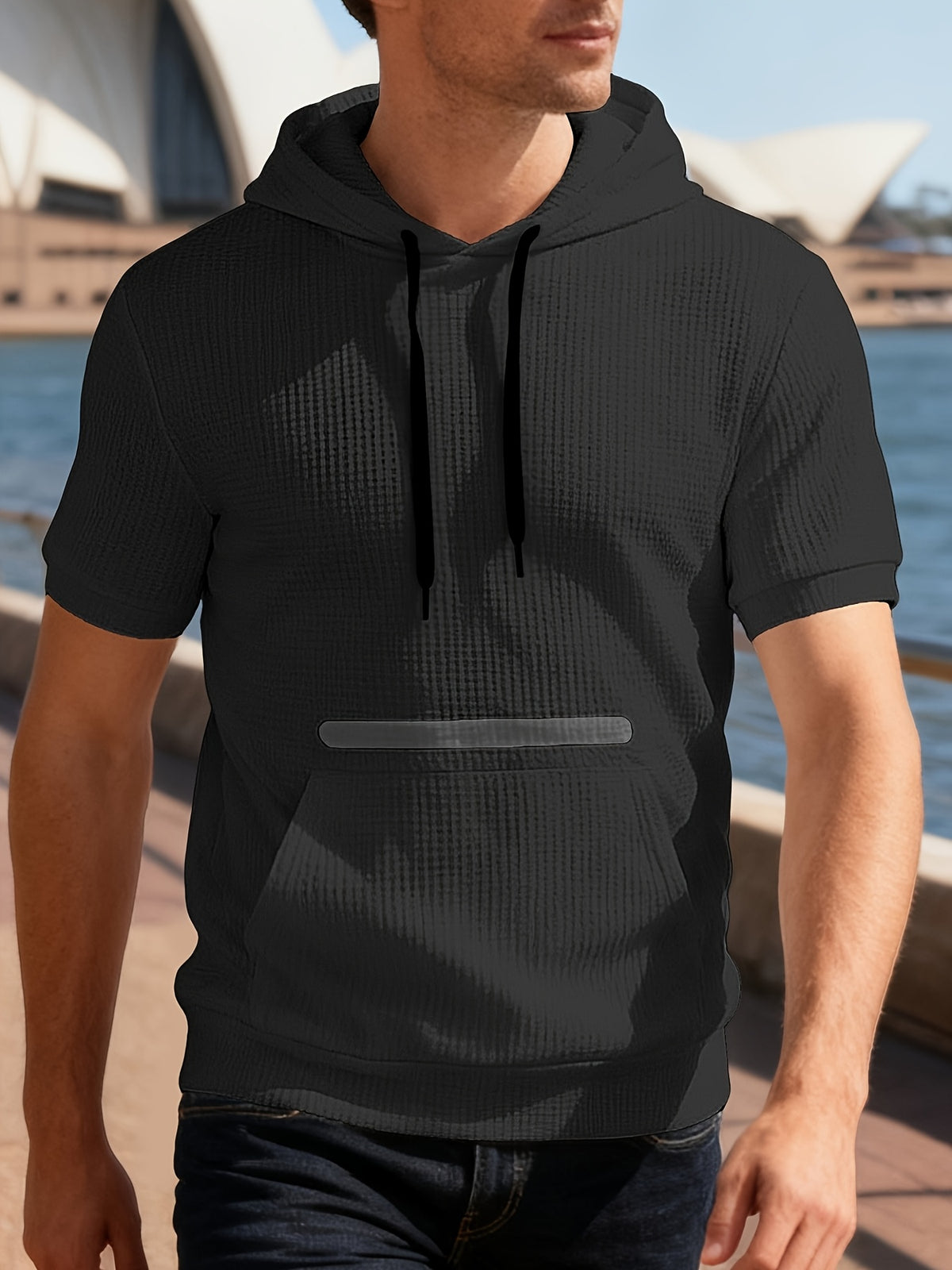 Spring/Summer Outdoor White Short-Sleeve Hooded Sweatshirt, Waffle Knit Breathable Fabric, Non-Stuffy, Versatile Half-Sleeve Top for Commuting and Shopping - Black