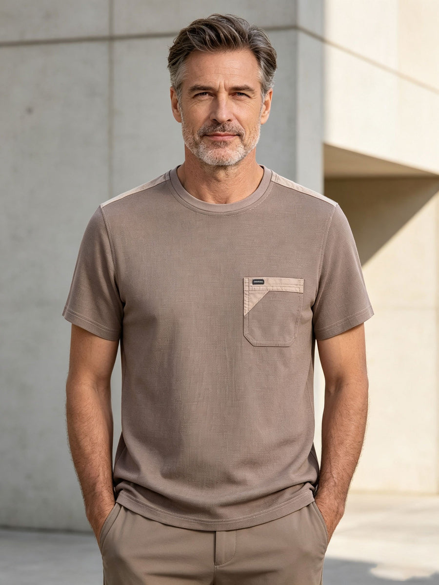 Middle-Aged And Elderly Summer American Denim Craft Washed Distressed Short Sleeve T-Shirt with Real Pockets Casual Nostalgic Retro Polo Shirt Washed Distressed Craft Faded Effect - Coffee Brown
