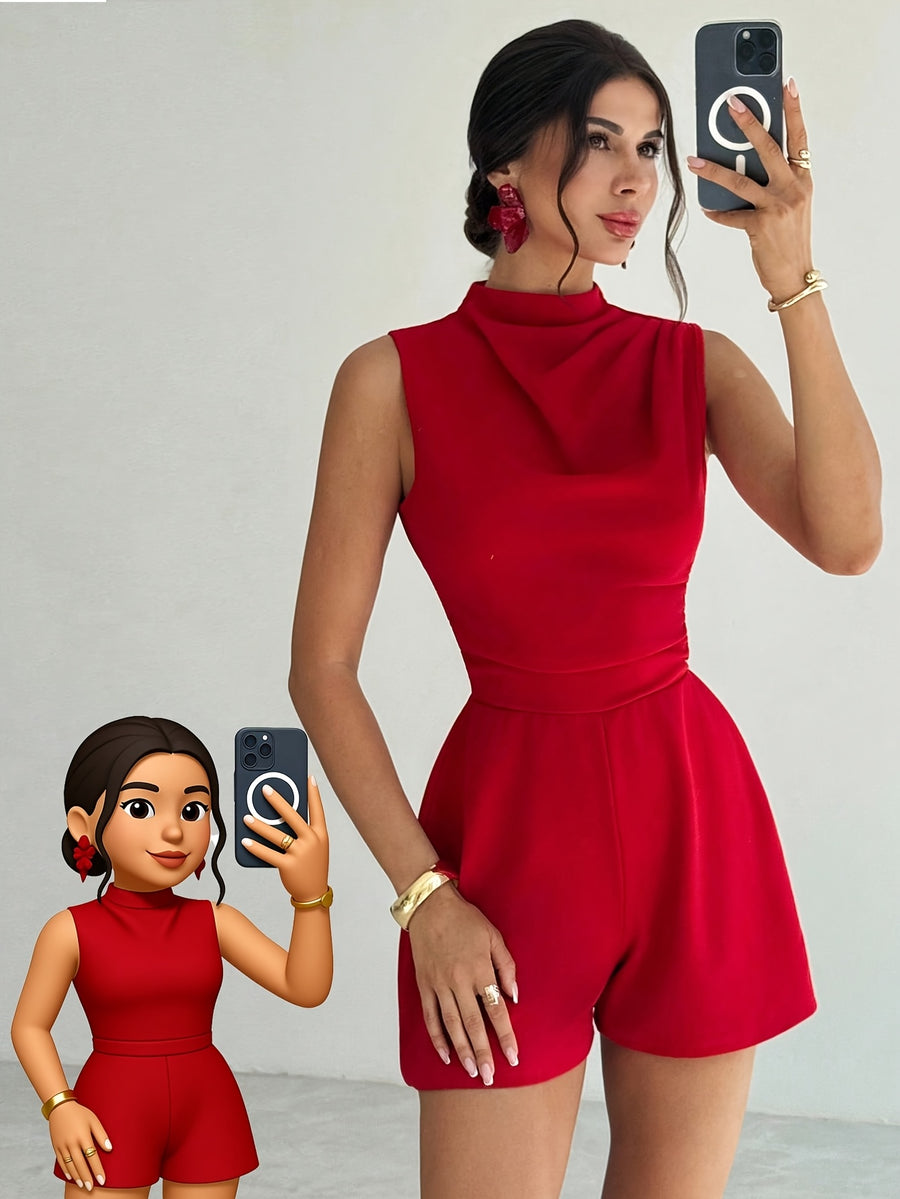 Elegant Women's A-Line Mini Jumpsuit with Ruffle Trim, Perfect for Casual Daily Wear, Weddings, Parties, Music Festivals, Holidays, and Teacher Outfits. Red. LL168 - Red