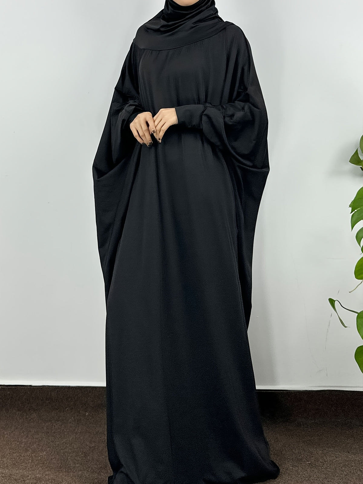 Muslim Smocking Sleeve One-Piece Prayer Robe Hooded Islamic Dubai Saudi Robes Turkish Modesty - Black