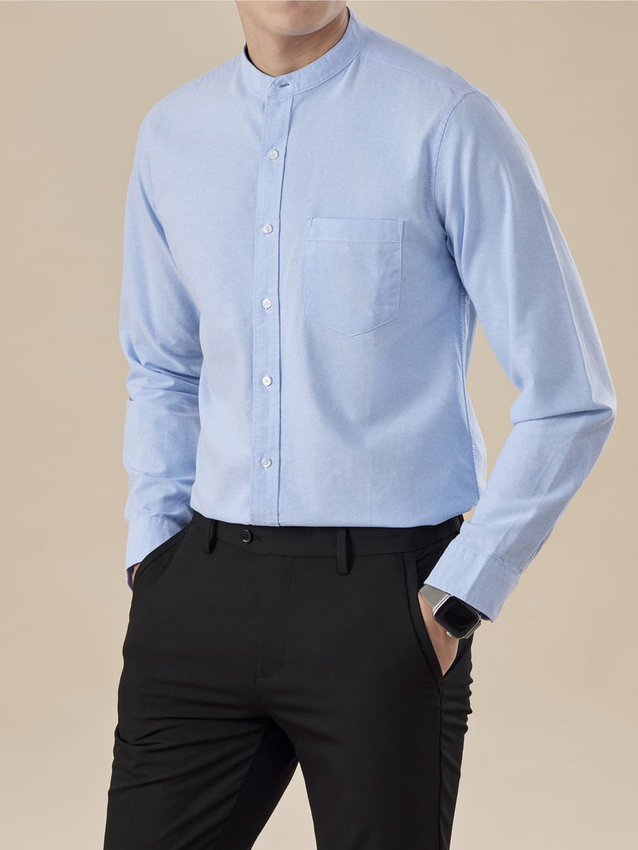 Spring and Autumn Outdoor Sports Men's Fashion Long-Sleeve Shirt for Office Workers, Young and Middle-Aged Urban Style, Versatile for Inner or Outer Wear, Vibrant Style, Casual Turn- Collar Shirt, Solid Color Pure Cotton Long-Sleeve Shirt for Men - Blue