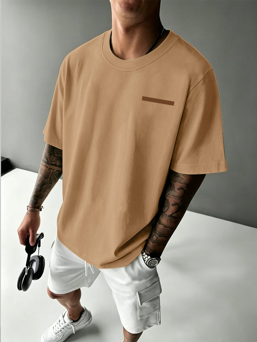 Men's Trendy Short-Sleeve T-Shirt with Minimalist Brown Long Strip Logo Print on the Chest, Crew Neck Top for Daily Wear - Khaki