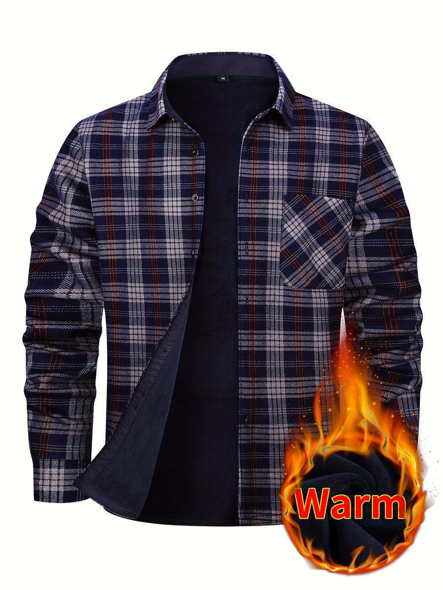 2026 Men's Plaid Shirt - Color Block Design, Brushed Lining, Warm Winter Flannel (Casual & Outdoor) Color Block Lining, Cold Weather Flannel for Outdoor Bold Color Block, Brushed Interior, Urban Style - Vibrant Blue