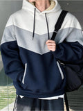 1pc Men'S Color-Block Patchwork Hooded Pullover Sweatshirt, Multi-Color Warm Textured Men'S Hoodie, Drawstring Kangaroo Pocket Warm Hooded Top, Casual Street Style Regular Fit Fall/Winter Sweatshirt, Multi-Color Patchwork Long Sleeve Hoodie - , Light Gray, Navy Blue
