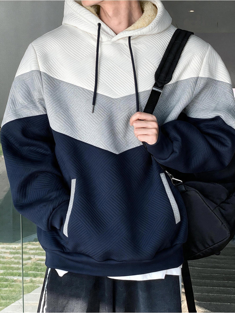 1pc Men'S Color-Block Patchwork Hooded Pullover Sweatshirt, Multi-Color Warm Textured Men'S Hoodie, Drawstring Kangaroo Pocket Warm Hooded Top, Casual Street Style Regular Fit Fall/Winter Sweatshirt, Multi-Color Patchwork Long Sleeve Hoodie - , Light Gray, Navy Blue