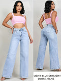 1pc All Seasons Trendy Latin American Women'S Outdoor High-Waist Straight Loose Jeans, Fresh Light Blue Washed Texture, Comfortable Stretch Fabric Lengthens Silhouette, Fashionable And Figure-Flattering - Sky Blue