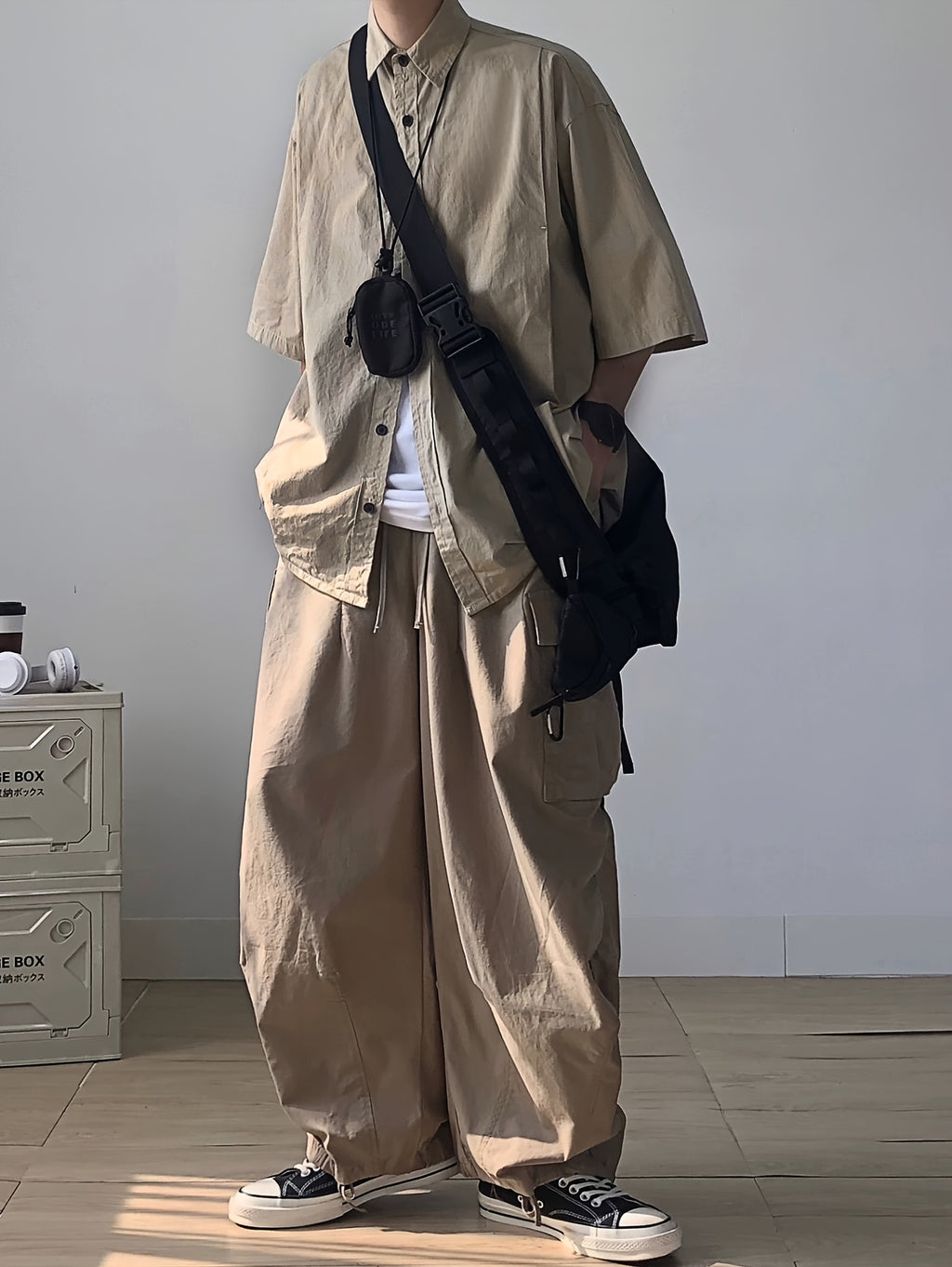Men's Trachten Shirt, Japanese Vintage Workwear Short-Sleeve Shirt, Loose and Lazy Style Silhouette, Handsome Shirt, Trendy Top for Summer - Khaki