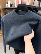 Autumn/Winter Men's Crew Neck Knit Sweater, Simple Subtle Jacquard Pattern, Mid-Life Layering Top - Medium Gray