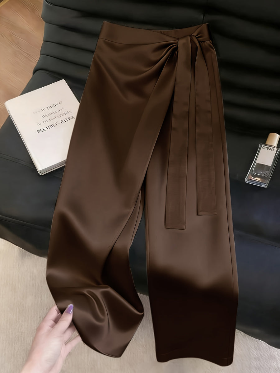 Women'S Fashion Commuter Satin Irregular Lace Bow Zipper Wide-Leg Long Pants - Coffee Color