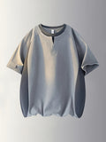 2-in-1 Look Color Block Raglan Sleeve T-Shirt for Men, Summer Crew Neck Short Sleeve T-Shirt, Boys' Summer V-Neck Casual Loose Fit Sport T-Shirt, Men's Top - Elegant Gray