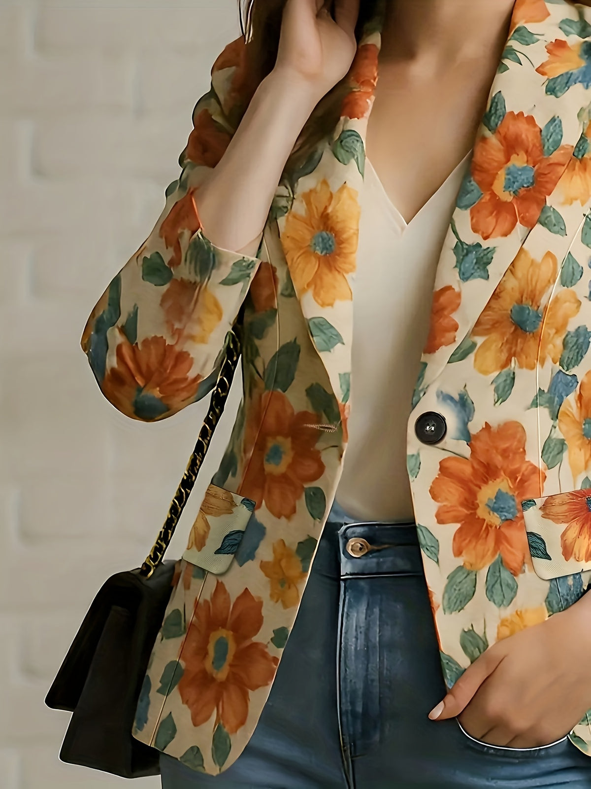 Elegant Floral Printed Blazer for Women - a Single-Breasted Shawl Collar Jacket Featuring Vibrant Orange, Yellow, And Blue Flowers, Tailored Fit with Long Sleeves, Versatile for All Seasons, Suitable for Both Office And Casual Occasions - Multicolor