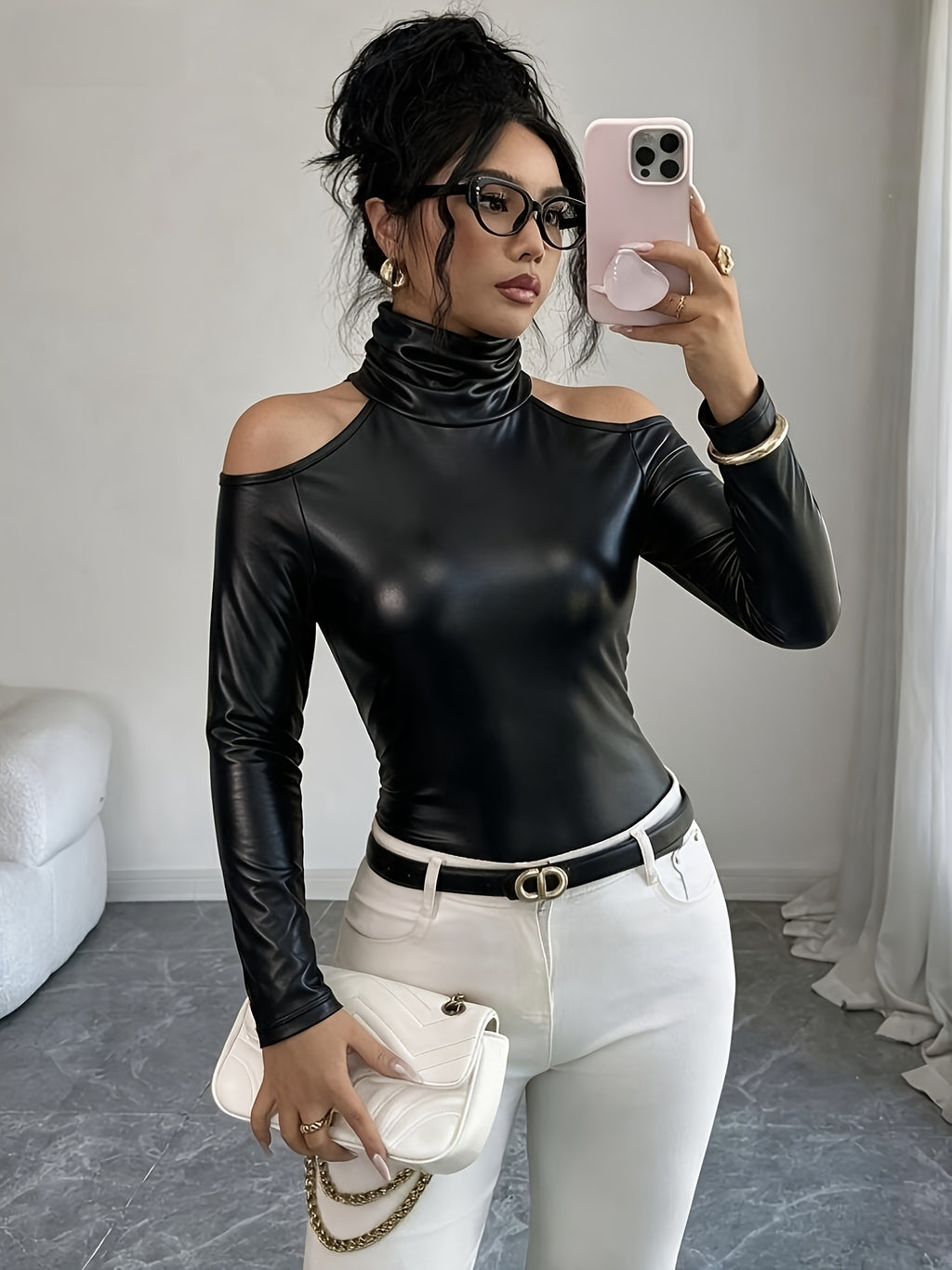 Women'S Fashion Slim Long Sleeve High Neck Off-Shoulder Top, Elegant Versatile Solid Color Machine Washable Casual Commute Elegant Style Women'S Top - Black