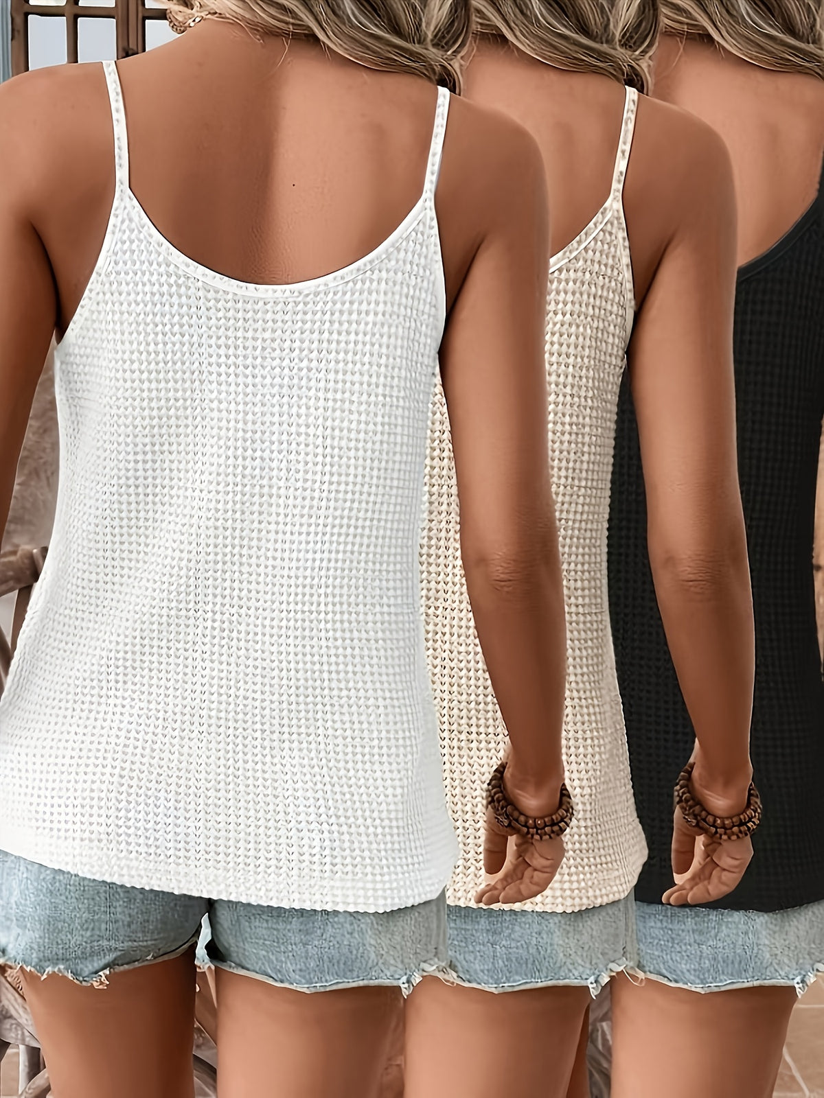 Women's Casual Waffle Lace Panel Sleeveless Vest 3pcs Set, Essential Casual Attire, Spring/Summer, Casual - Black+white+apricot