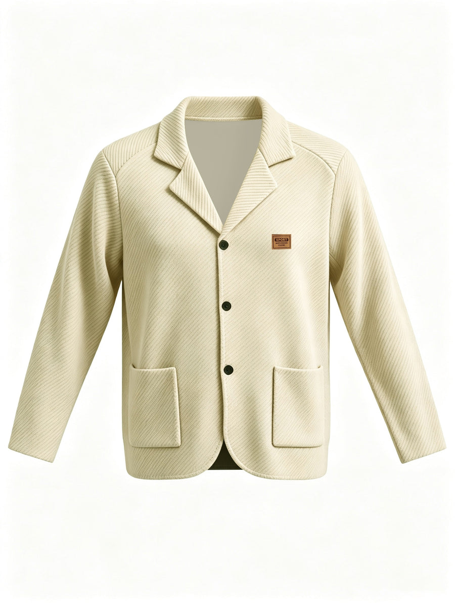Whale Crossing OBM Men's New Spring, Autumn, and Winter Collection: Twill Textured Fabric Notched Lapel Cardigan, Single-Breasted with Double Pockets, Business Casual Versatile Long-Sleeve Knit Outerwear. Soft, Comfortable, and Stylish Solid-Colored - Khaki