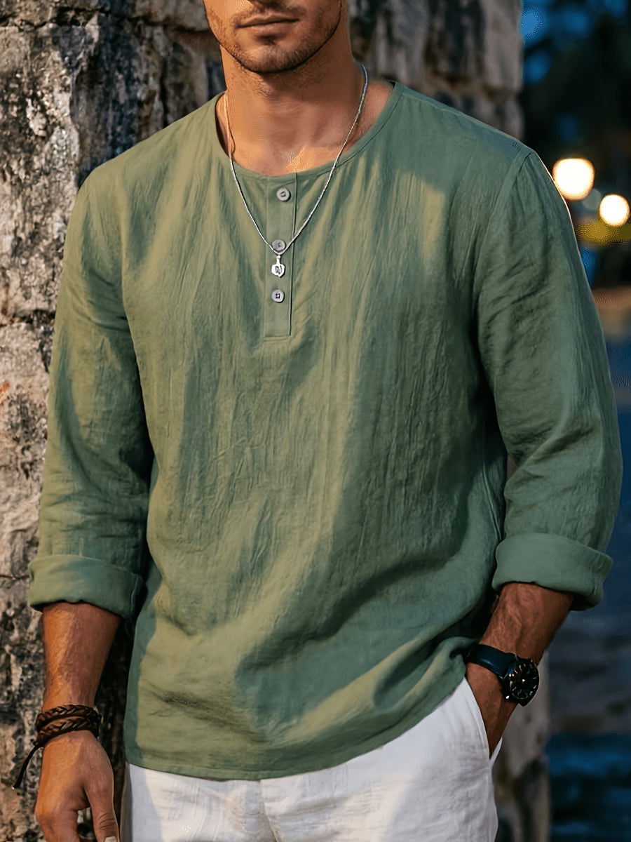 Men's Summer Linen Long Sleeve Shirt, Breathable Round Neck, Loose Fit. Suitable for Daily Casual, Beach Vacation or Yoga Sports, Also a Great Valentine's Day Gift for Him. - Green