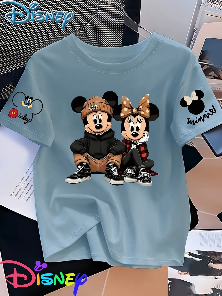 Mickey And Minnie Are Sitting Side by Side, with Mickey Hugging His Knees And Minnie Resting Her Chin on One Hand, Showcasing a Trendy Street Style Printed Short-Sleeve Women'S T-Shirt - Sky Blue