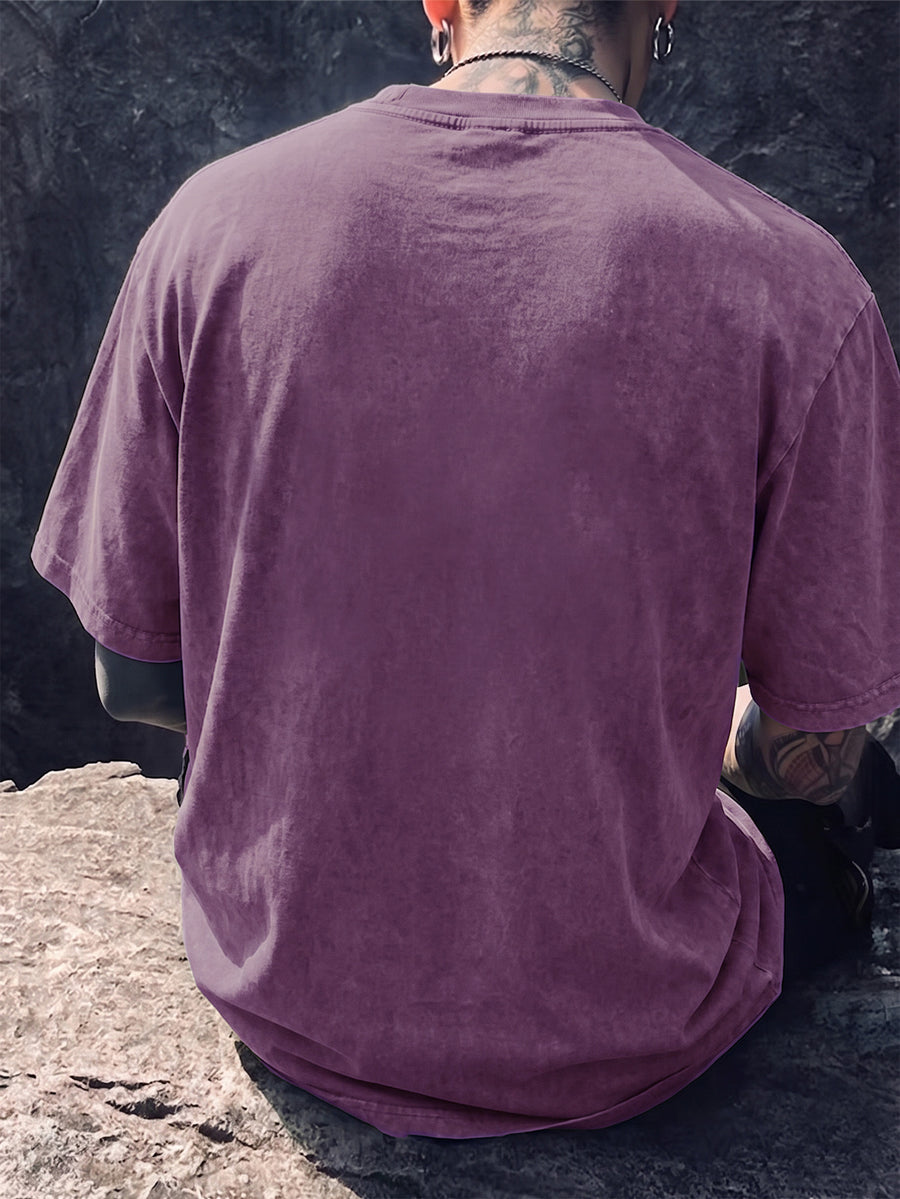 Men's Short-Sleeve T-Shirt, Pure Cotton Loose Fit Washed Distressed Top, Small Phoenix Compass Print, Trendy Print, 12 Colors for Mix and Match, American Street Style High Street Hip-Hop Couple's Outfit for Daily Streetwear, Commuting - Purple