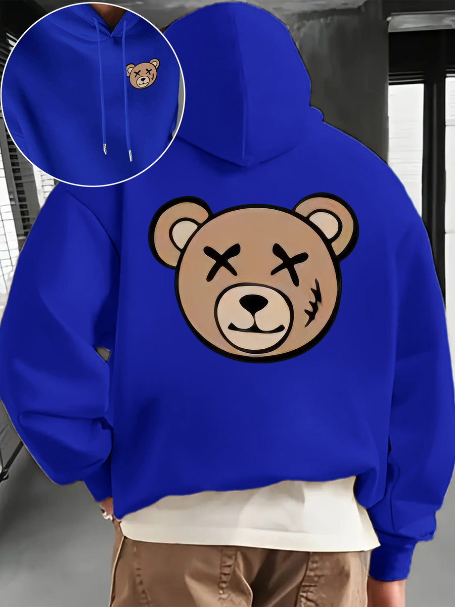 Men's Fashion Hoodie, Loose Fit Casual Top with "Bear" Letter Print, Long Sleeve Sweatshirt with Kangaroo Pocket, Casual Polyester Knit Fabric, Machine Washable, Suitable for Outdoor Casual Wear - Klein Blue