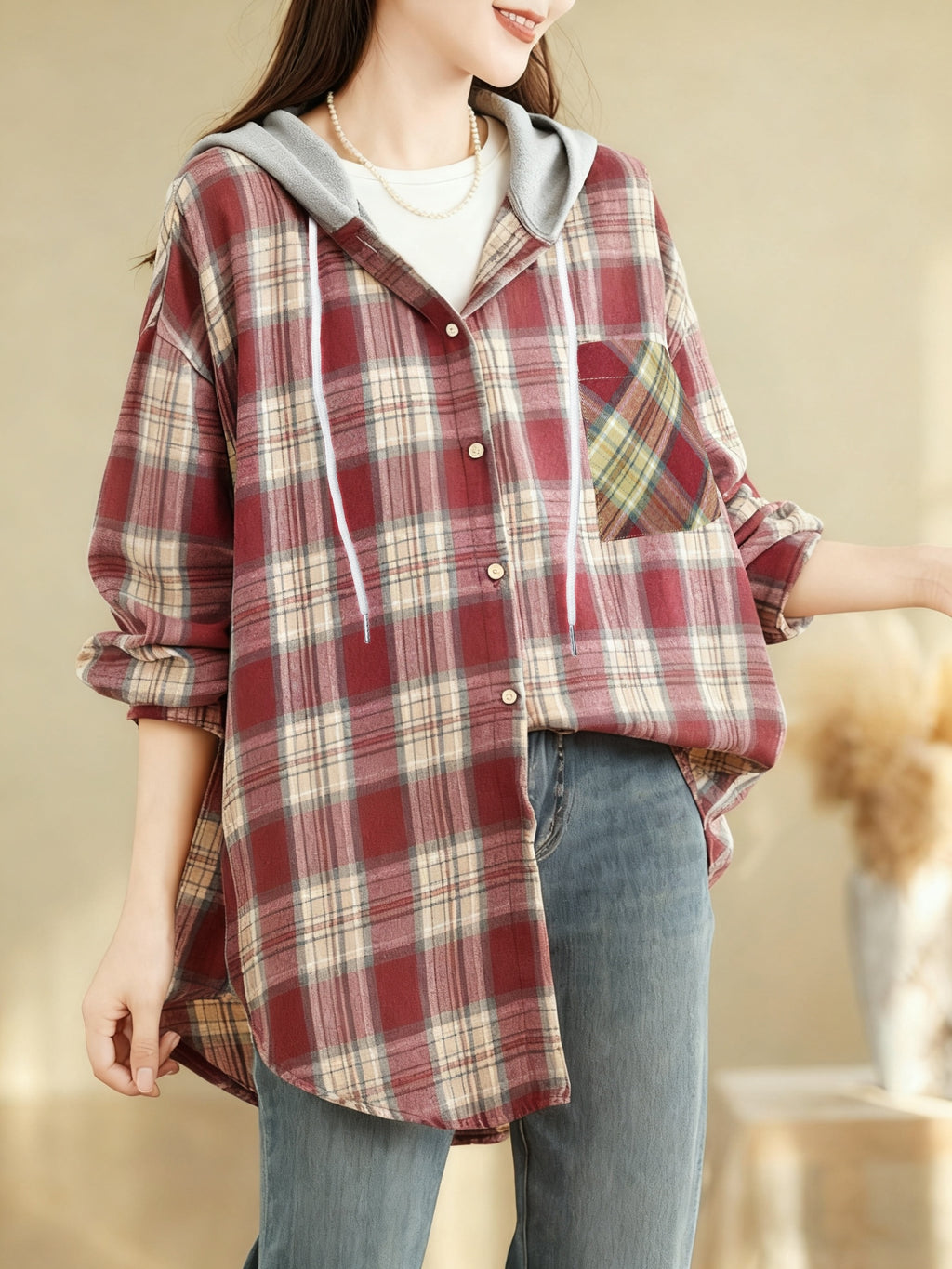 Women'S Casual Plaid Long Sleeve Hooded Shirt, Beautiful Twill Checkered Pattern, Hooded Design, Open Front Button-Up Shirt, Loose Fit, Perfect for Spring And Autumn Daily Outings, Outdoor Casual - Red check