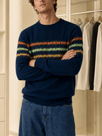 American Casual Men'S Contrast Striped Round Neck Sweater, Daily Easy Fashion Slimming Long Sleeve Knit Base Layer - Navy Color