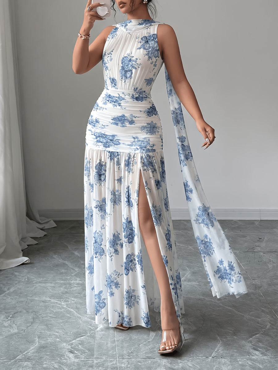 Women'S Spring Summer Solid Color Minimalist Sleeveless Long Dress, Elegant And Bold Floral Print Dress, Suitable for Casual Wear And Commuting - Light Blue