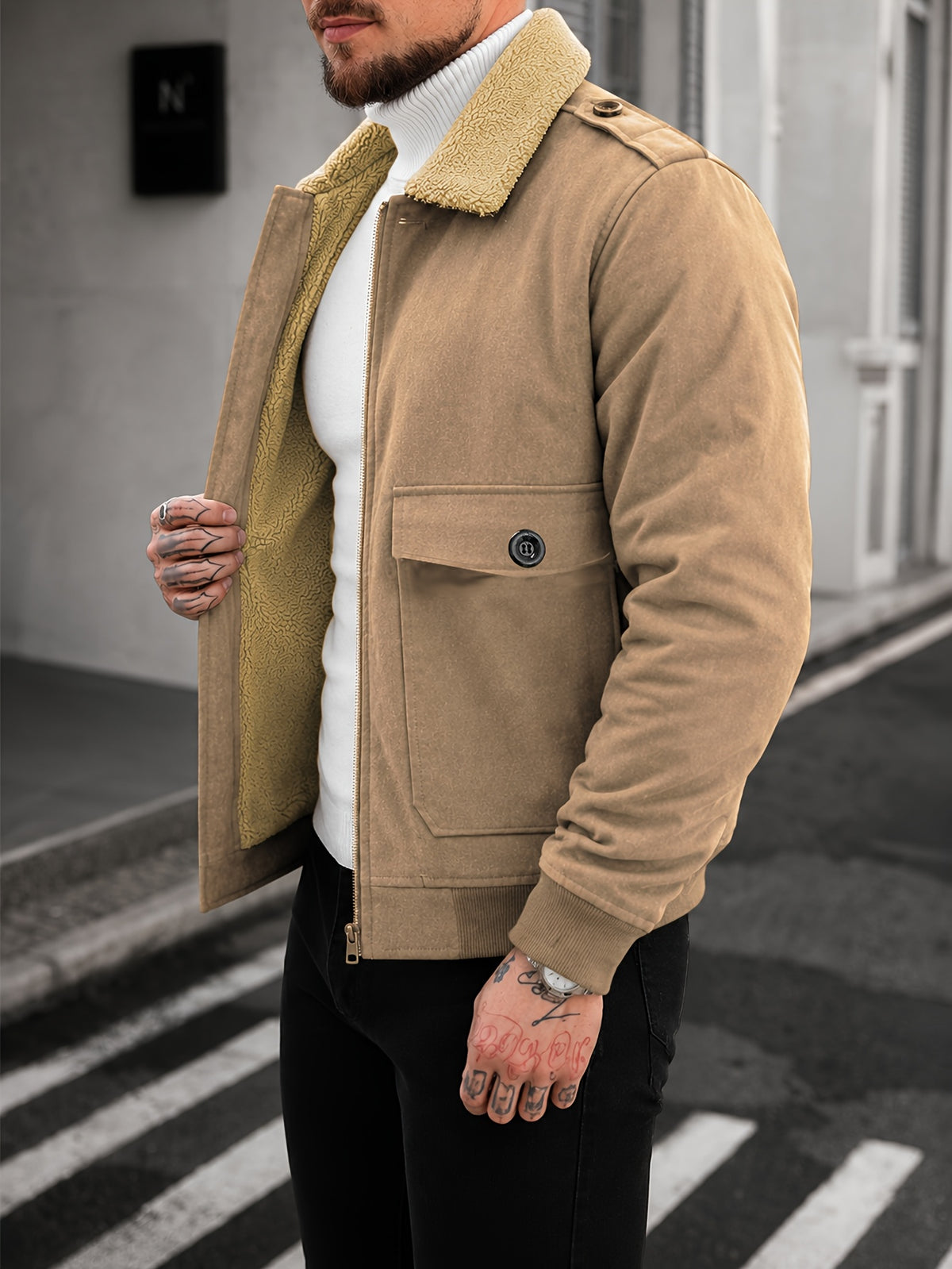 Men's Lapel -Lined Workwear Jacket with Shoulder Epaulettes, Double Pockets, Thickened Padded Coat for Winter, Vintage Motorcycle Style Stretch Cuff Cold-Proof Outerwear - 6026 - Khaki