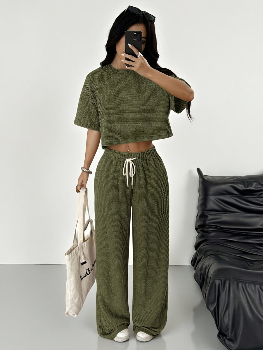 Women'S Spring/Summer Fashion T-Shirt And Pants 2pcs Set - Green
