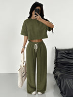 Women'S Spring/Summer Fashion T-Shirt And Pants 2pcs Set - Green
