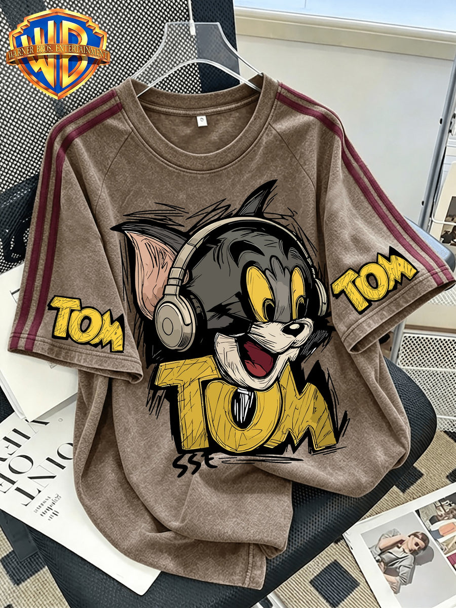 Officially Licensed by Warner Bros. - T-Shirt with a Fun Cartoon Graphic of a Character Wearing Headphones And Sleeves, Featuring a Distressed, Washed-Out Stripe Pattern; Suitable for Outdoor Wear And Sports Activities; Unisex Design - Coffee Color