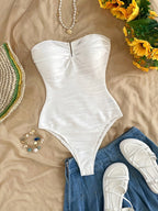 Textured Fabric Metallic Embellishment Off-Shoulder Bodycon Top, Suitable for Beach And Vacation - White