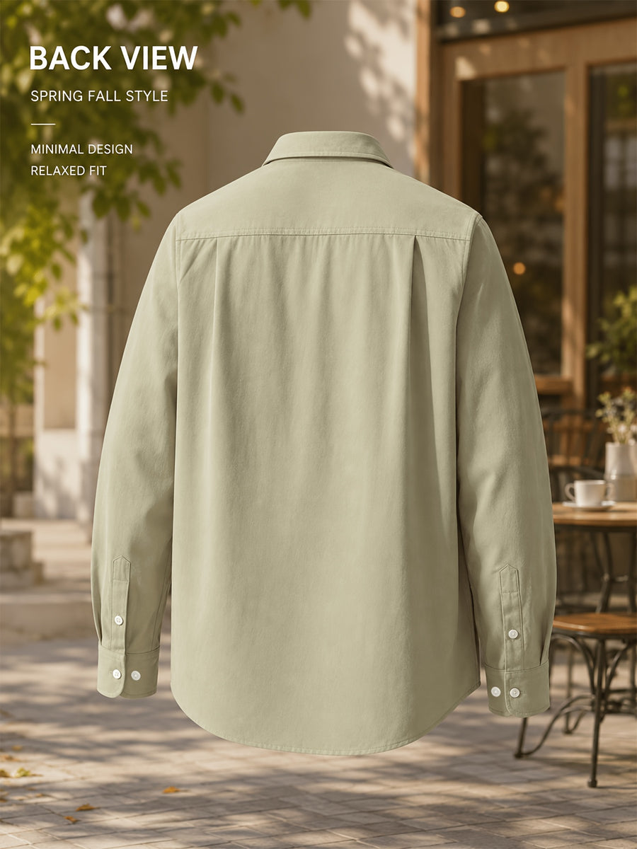 Men'S Spring Autumn Casual Long Sleeve Shirt Jacket, Classic Lapel Neat And Stylish, Triangle Pocket Chest Bag for Storage And Texture Detail, Loose Fit Comfortable Unrestricted, Skin-Friendly Stiff Fabric Supports Layering Inside And Out - Pea Green Color