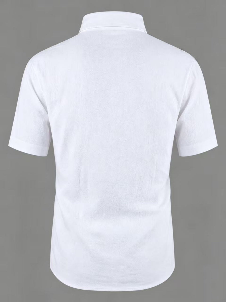 Old Money Style Men's Cuban Collar Short Sleeve Shirt, Linen Texture, Lightweight and Breathable Outdoor Casual Shirt - White