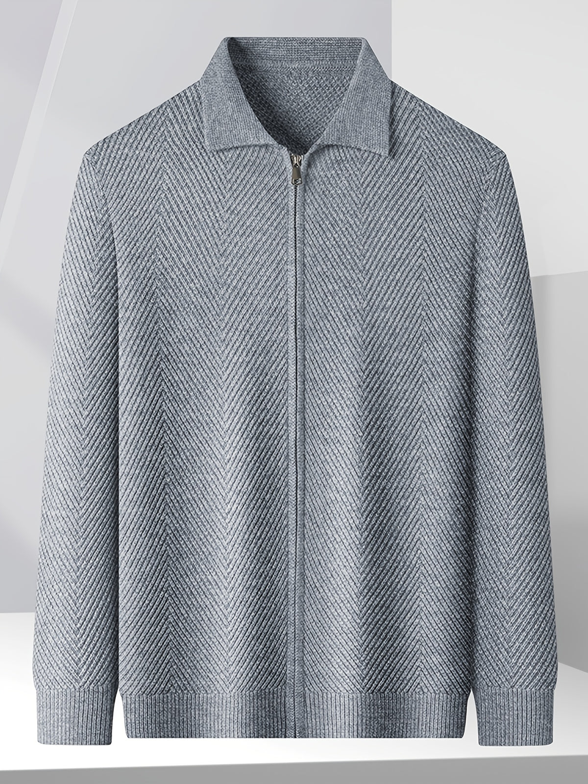 Men's Winter Loose-Fit Polo Lapel Full-Zip Knit Cardigan, Drop-Shoulder Thickened Outerwear, Streetwear Casual Style, Knit Top for Daily Outings - Grey
