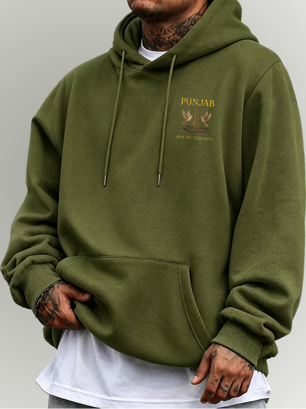 Men'S Hooded Sweatshirt PUNJAB Wheat Print Western Regional Style Mature Men'S Top - fern green
