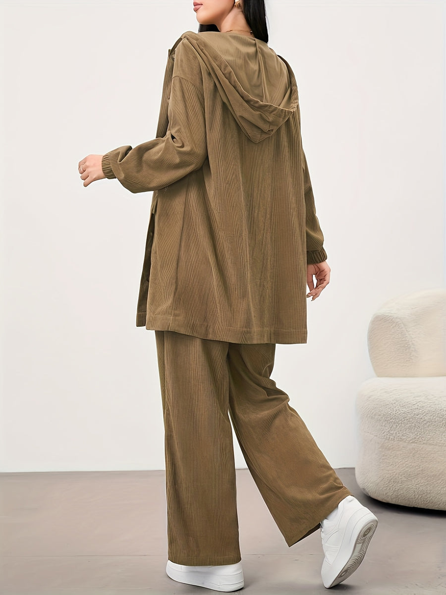 New Women'S Casual Corduroy Hooded Set, Fall Winter Outfit, Jacket with Pockets And Cuffed Sleeves, Wide-Leg Pants for Leg Lengthening, Comfortable And Fashionable, Casual Set - Khaki