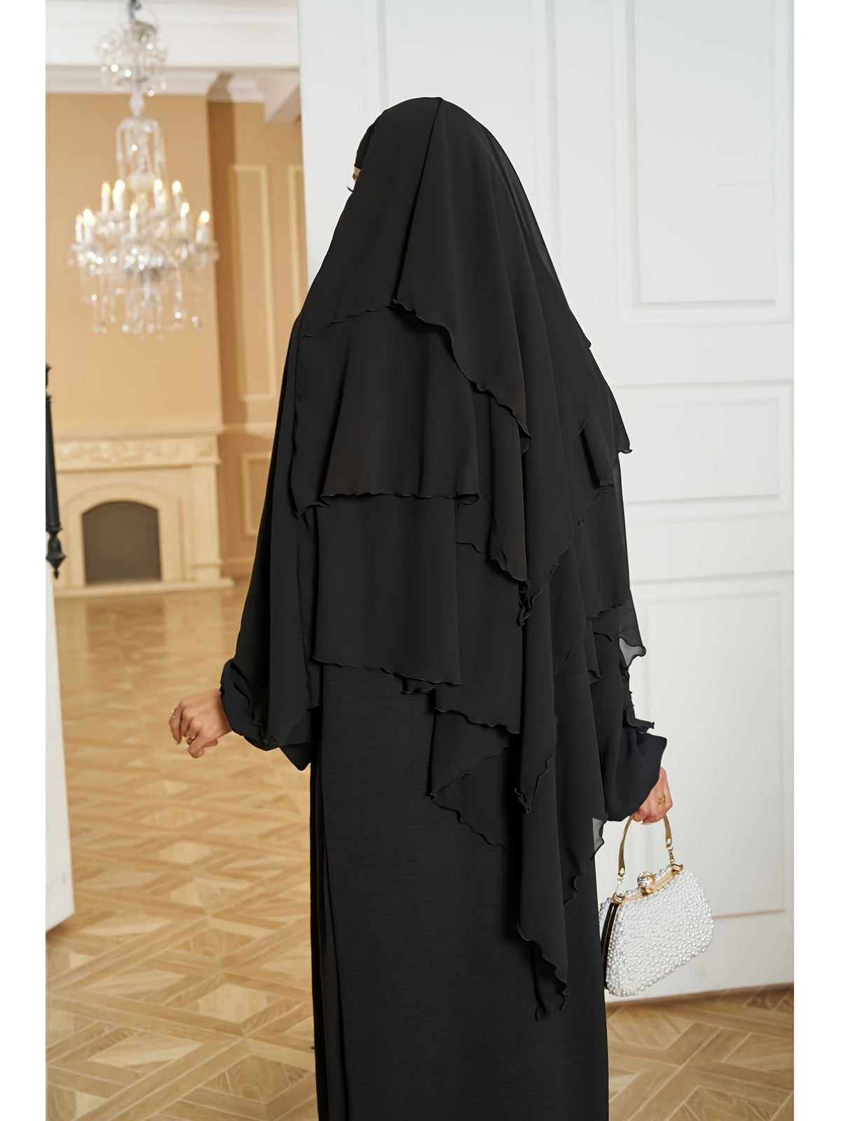 1pc Fashionable, Elegant and Casual Three-layer Chiffon Fabric Solid Color Suitable for Daily Wear, Loose and Comfortable Women's Abaya Headscarf, Women Wedding Robe Aid Femme Abayas for Women Muslim Jilbab Femme Khimar - Black