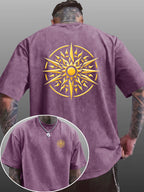 Men's Short-Sleeve T-Shirt, Pure Cotton Loose Fit Washed Distressed Top, Golden Compass Sun Pattern Trendy Reversible Double-Sided Print, Multiple Colors for  Mix & Match, American Streetwear High Street Hip-Hop Style, for Daily Outings - Purple