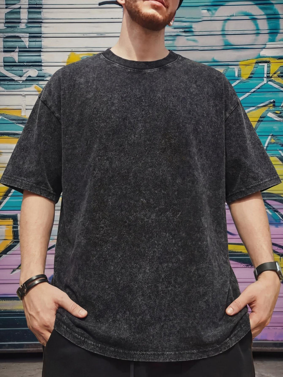 Relaxed Fit Distressed T-Shirt - Made from 100%, Heavyweight Vintage Washed Tee, Unisex Premium Quality Shirt - Black