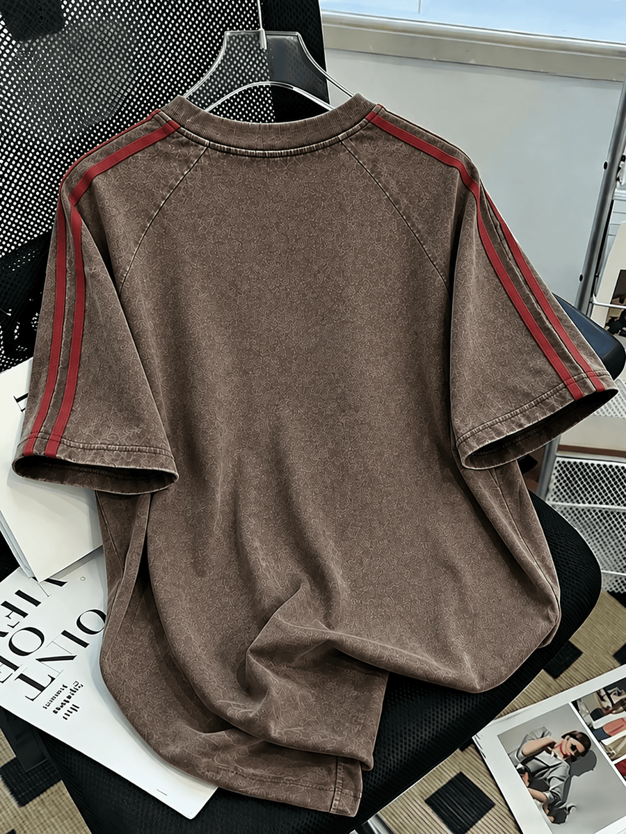 WB Warner Bros. Official License, Washed Vintage Distressed T-Shirt, Hand-Drawn Cartoon Milk Tea Combination Niche Cute Print Short Sleeve Top, Men'S Loose Retro Streetwear Outfit - Coffee Color