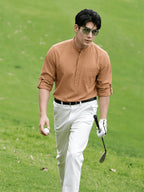 Men'S New Half-Button Shirt - Golf & Everyday Wear | Roll-Up Sleeves, Short Placket with Chest Pocket | Wrinkle-Free, Shape Retention - Swing Free, Fairway to Clubhouse | Solid Tone, Easy-Match, All-Season Layering Or Solo - Brown