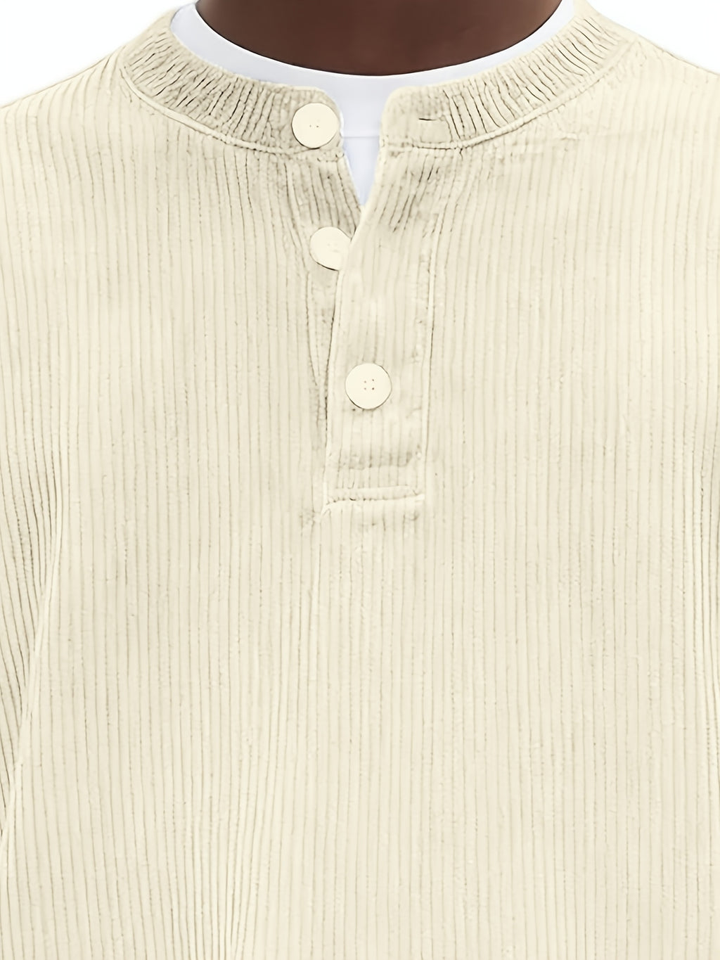 [Josh Mei Obm] Men'S Casual V-Neck Long Sleeve Loose Solid Color Henley Shirt, Welding Autumn'S Relaxed Feel Onto The Body, Lazy Daily Wear - Beige