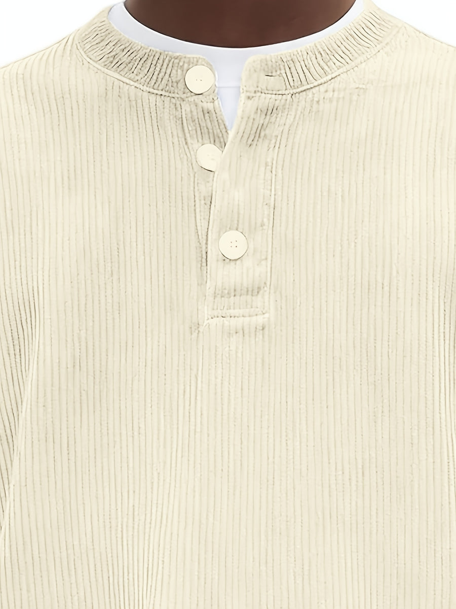 [Josh Mei Obm] Men'S Casual V-Neck Long Sleeve Loose Solid Color Henley Shirt, Welding Autumn'S Relaxed Feel Onto The Body, Lazy Daily Wear - Beige