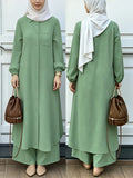 Middle Eastern Ethnic Style Muslim Button-Front Lantern Long Sleeve Slit Elegant Dress, Festive Ramadan Party Loose Trousers, Saudi Arabia Style Comfortable Casual Solid Color Two-Piece Set Without Headscarf, Summer Solstice - Green