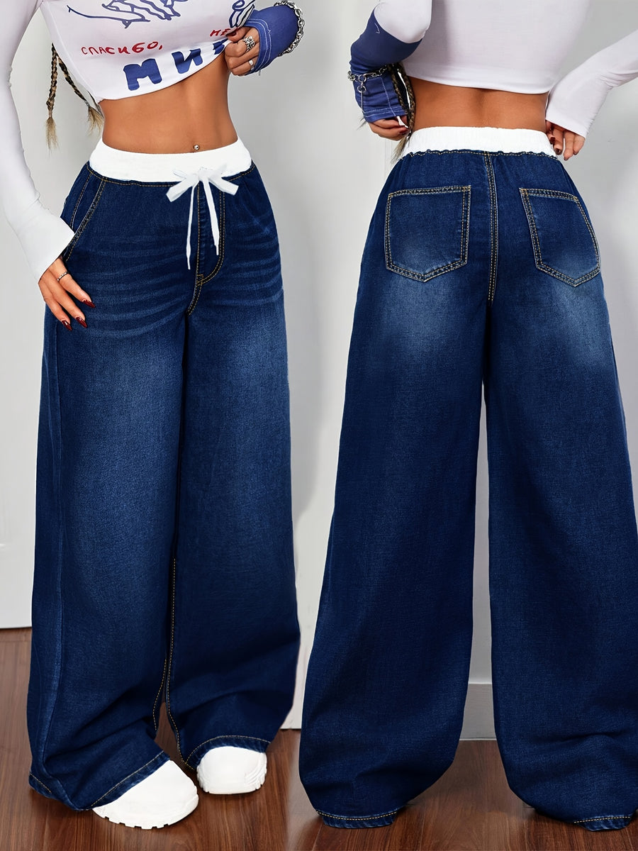 Plus Size Wide-Leg High-Waisted Solid Blue Denim Pants - Elastic Stretch Academy Style with Drawstring Waist, Loose-Fit for all-Season Casual Wear, Jeans/Uniform Trousers (Machine Washable) - Medium Blue